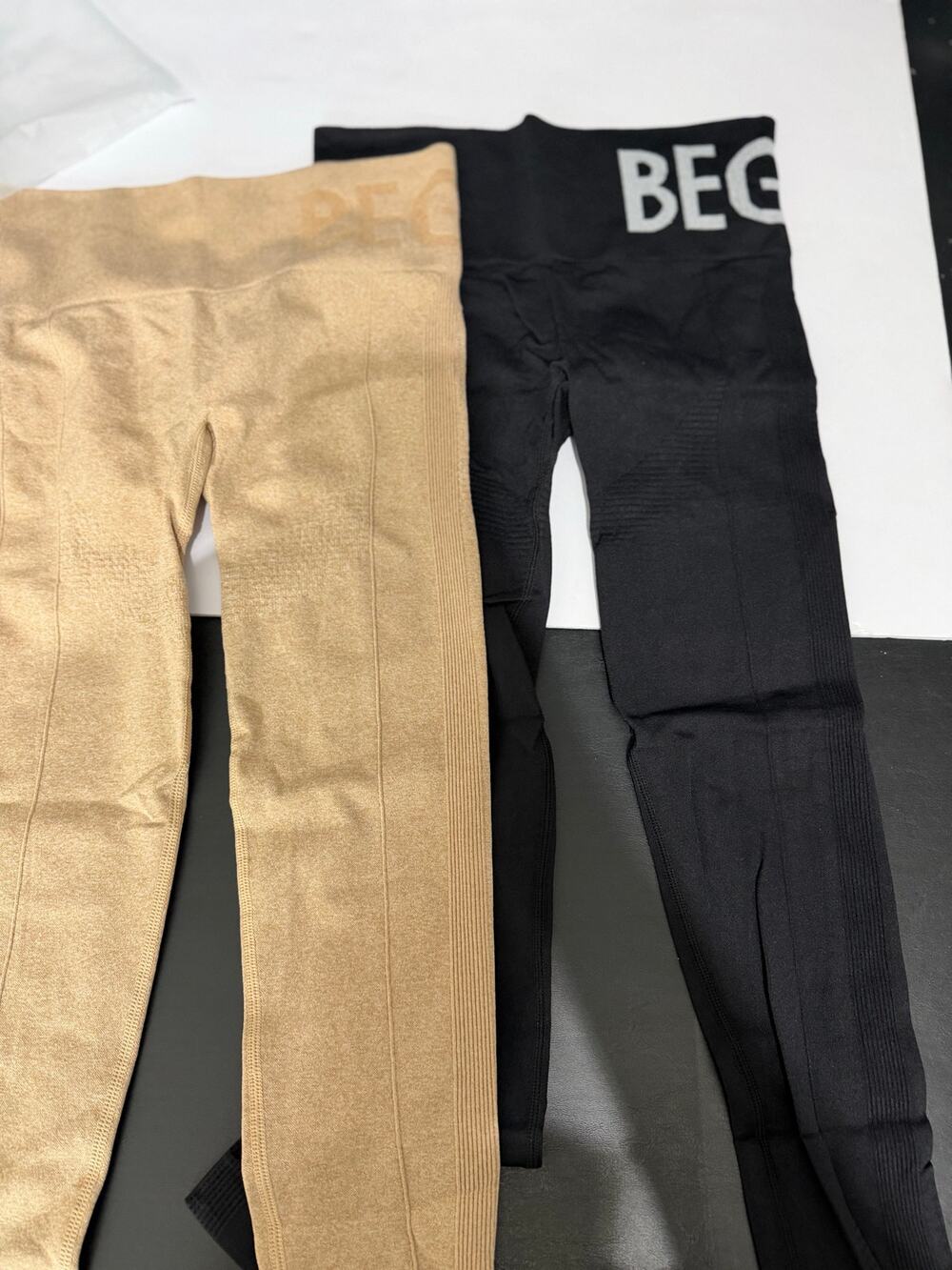 NWT QGU 2-Pack Seamless Leggings Size L Black & Tan Beige High Waist Logo BEGIN